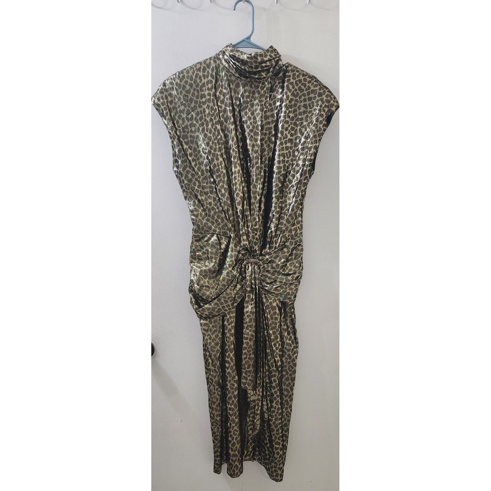 Vintage Metallic Leopard Print Mock Neck Midi Dress Gold Black Sleeveless O-Ring